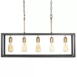 Hampton Bay Boswell Quarter 34 in. 5-Light Vintage Brass Farmhouse Linear Island Chandelier with Black Distressed Wood Accents