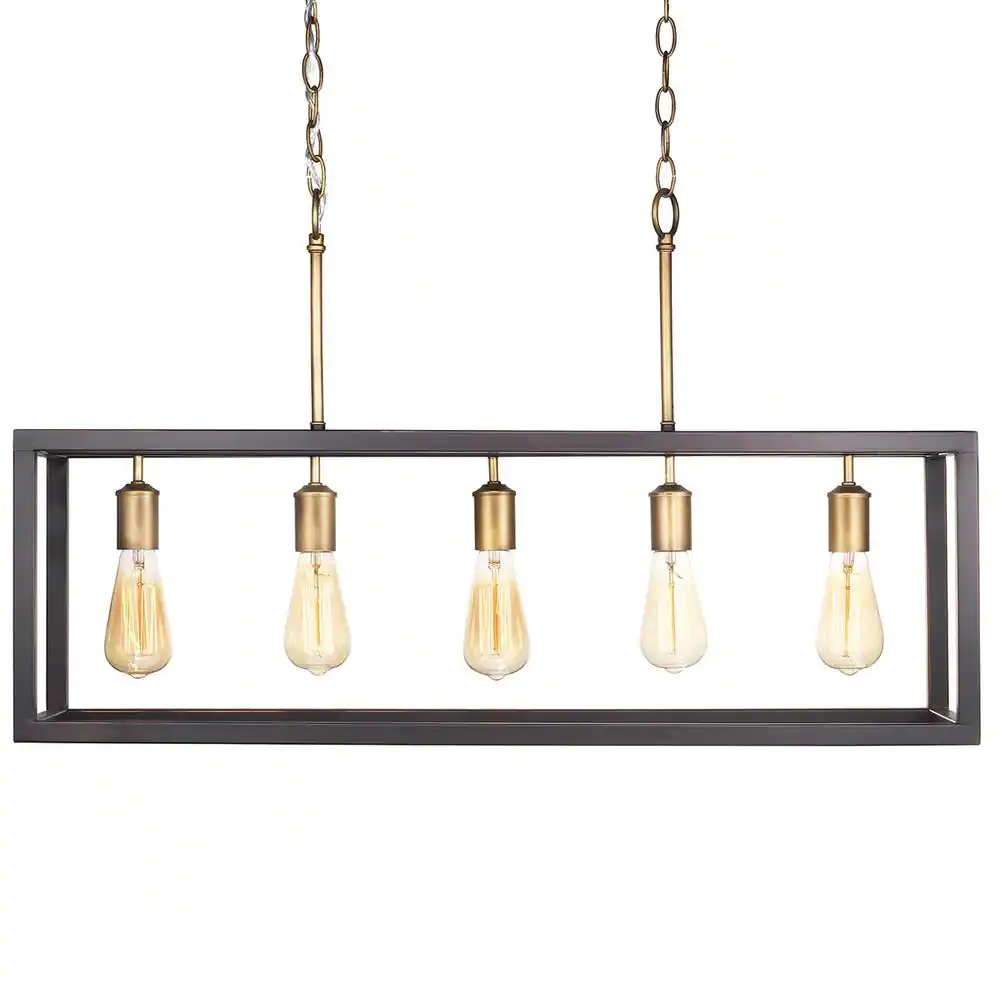 Hampton Bay Boswell Quarter 34 in. 5-Light Vintage Brass Farmhouse Linear Island Chandelier with Black Distressed Wood Accents