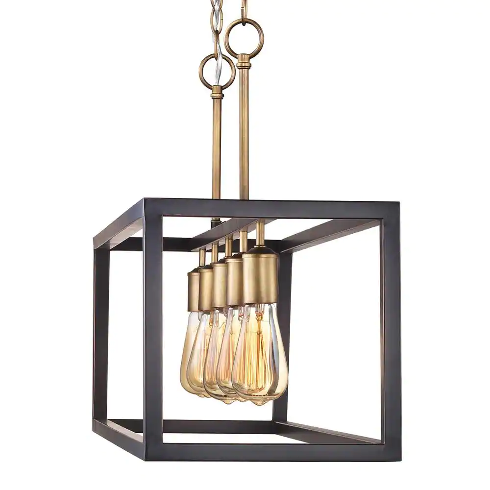 Hampton Bay Boswell Quarter 34 in. 5-Light Vintage Brass Farmhouse Linear Island Chandelier with Black Distressed Wood Accents