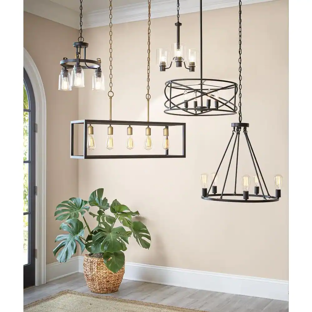 Hampton Bay Boswell Quarter 34 in. 5-Light Vintage Brass Farmhouse Linear Island Chandelier with Black Distressed Wood Accents