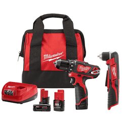 Milwaukee 2407-22-2415-20-48-11-2460 M12 12V Lithium-Ion Cordless 3/8 in. Drill/Driver Kit with M12 3/8 in. Right Angle Drill and 6.0 Ah XC Battery Pack