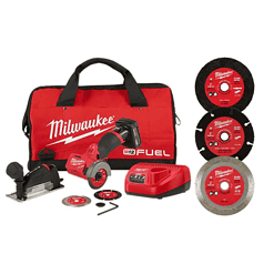 Milwaukee 2522-21XC-49-94-3000-49-94-3005-49-94-30 M12 FUEL 12-Volt 3 in. Lithium-Ion Brushless Cordless Cut Off Saw Kit with Battery Charger and 3 in. Blades (5-Pack)