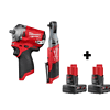 Milwaukee 2554-20-2557-20-48-11-2412 M12 FUEL 12V Lithium-Ion Brushless Cordless Stubby 3/8 in. Impact Wrench & 3/8 in. Ratchet with two 3.0 Ah Batteries