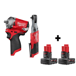 Milwaukee 2554-20-2557-20-48-11-2412 M12 FUEL 12V Lithium-Ion Brushless Cordless Stubby 3/8 in. Impact Wrench & 3/8 in. Ratchet with two 3.0 Ah Batteries