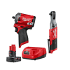 Milwaukee 2554-20-2557-20-48-59-2440 M12 FUEL 12V Lithium-Ion Brushless Cordless Stubby 3/8 in. Impact Wrench & 3/8 in. Ratchet Kit w/Battery & Charger