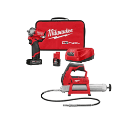 Milwaukee 2554-22-2446-20 M12 FUEL 12V Lithium-Ion Cordless Stubby 3/8 in. Impact Wrench Kit with Grease Gun, One 4.0 and One 2.0Ah Battery