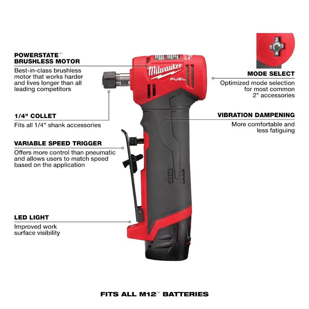 Milwaukee 2485-22 M12 FUEL 12-Volt Lithium-Ion Brushless Cordless 1/4 in. Right Angle Die Grinder Kit w/ (2) 2.0Ah Batteries