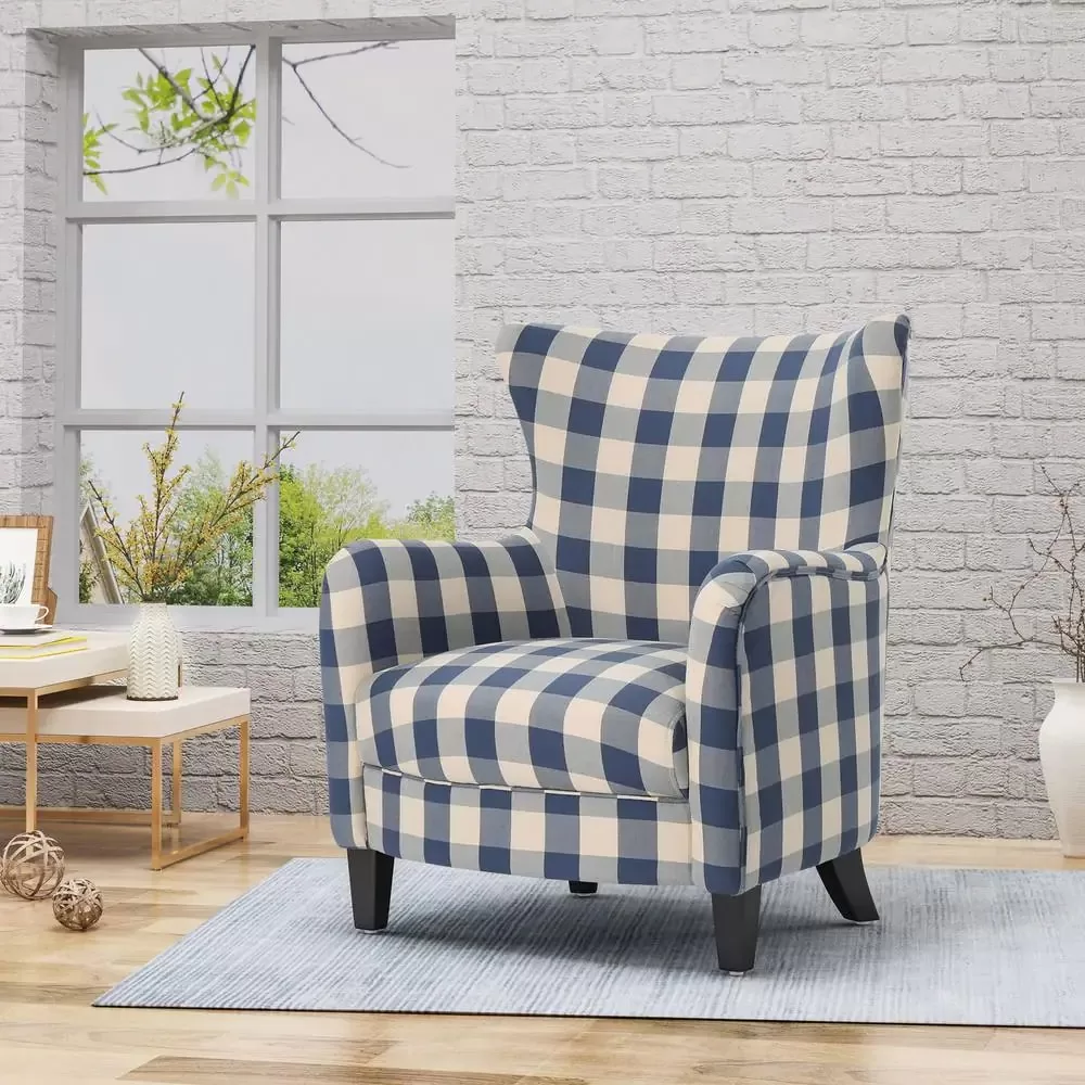 Noble House Arabella Blue Checkerboard Fabric Club Chair