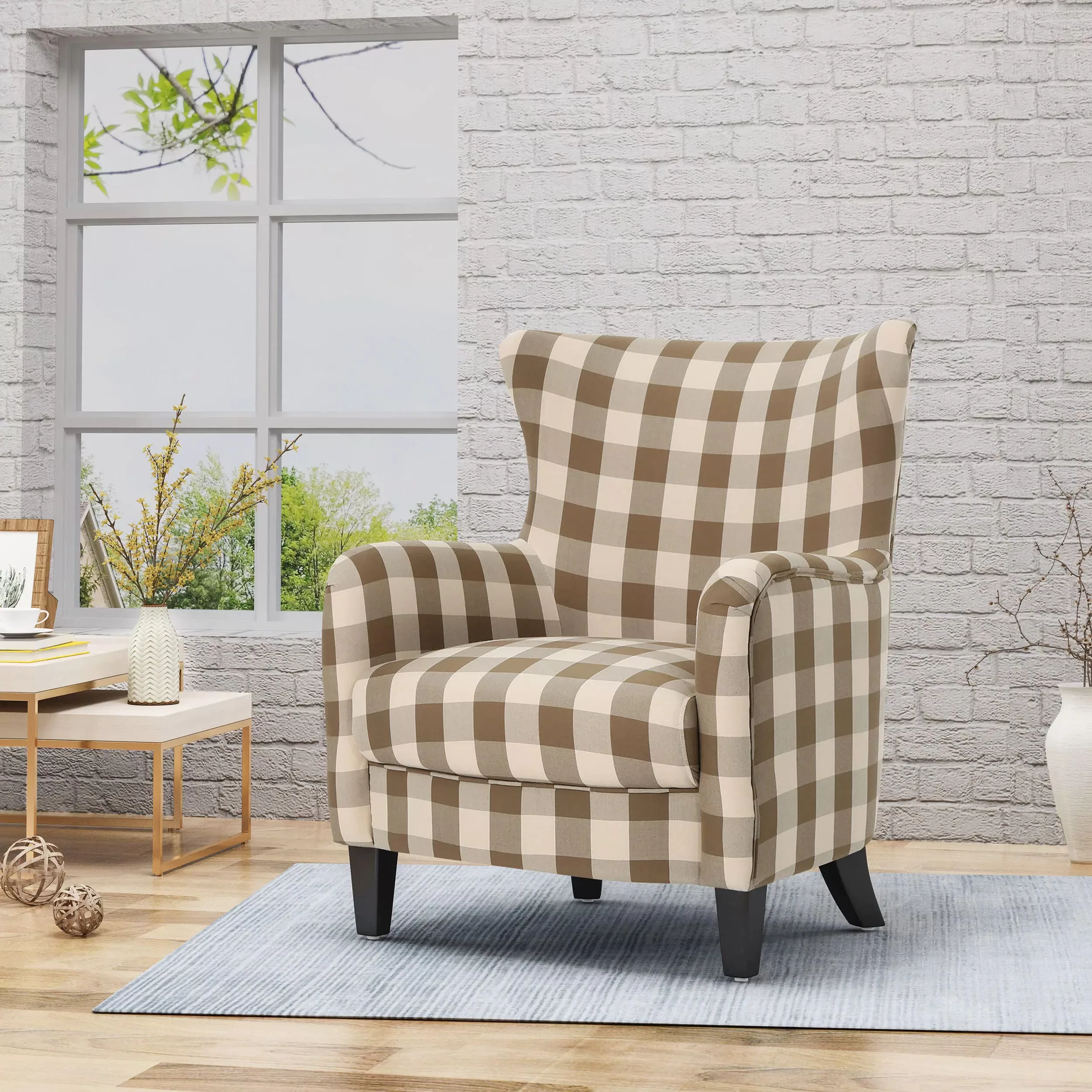 Noble House Arabella Brown Checkerboard Fabric Club Chair