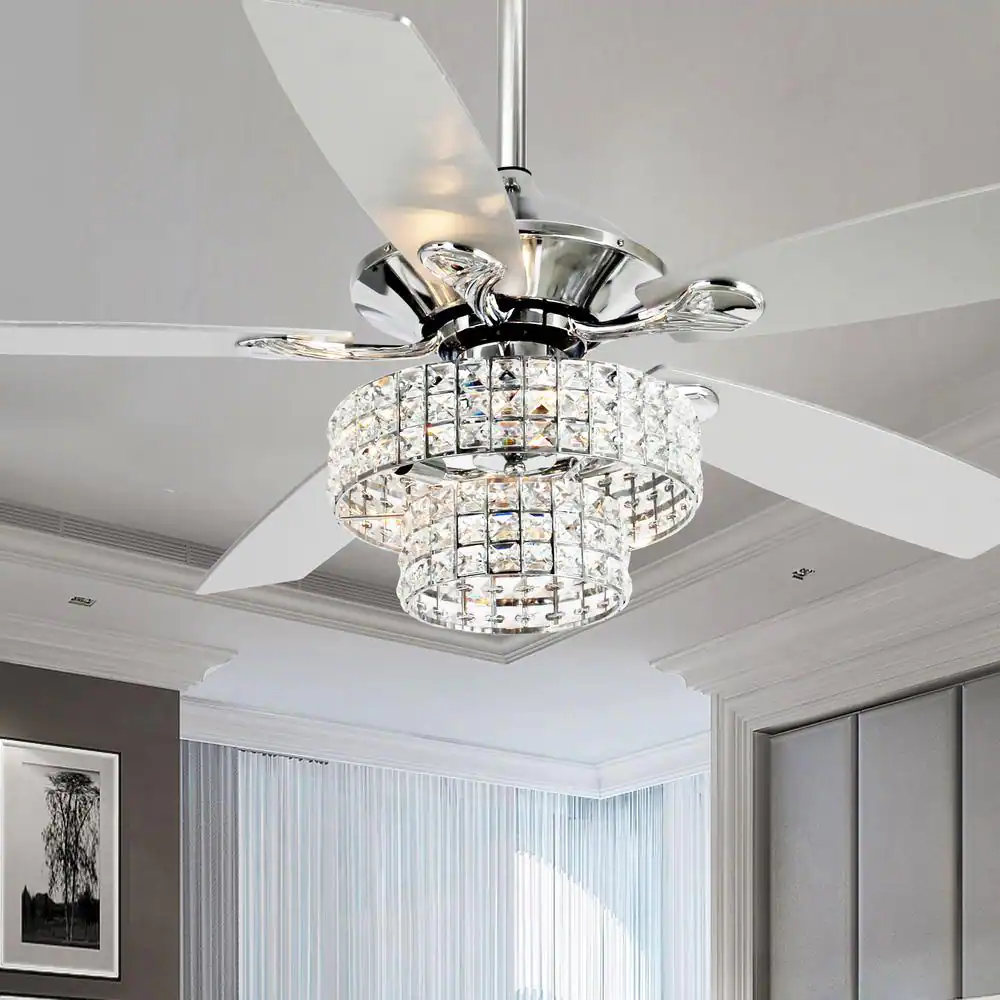 Parrot Uncle Zuniga F6222A110V 52 in. Indoor Chrome Downrod Mount Crystal Chandelier Ceiling Fan with Light Kit and Remote Control
