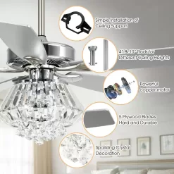 Parrot Uncle Zuniga F6222A110V 52 in. Indoor Chrome Downrod Mount Crystal Chandelier Ceiling Fan with Light Kit and Remote Control