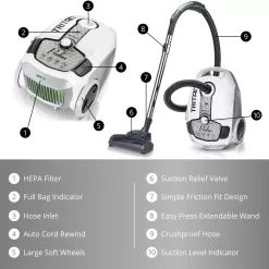Alternative view of Prolux Tritan Bagged Canister Vacuum Cleaner with HEPA Filtration and Complete Home Care Tool Kit, Tritan White