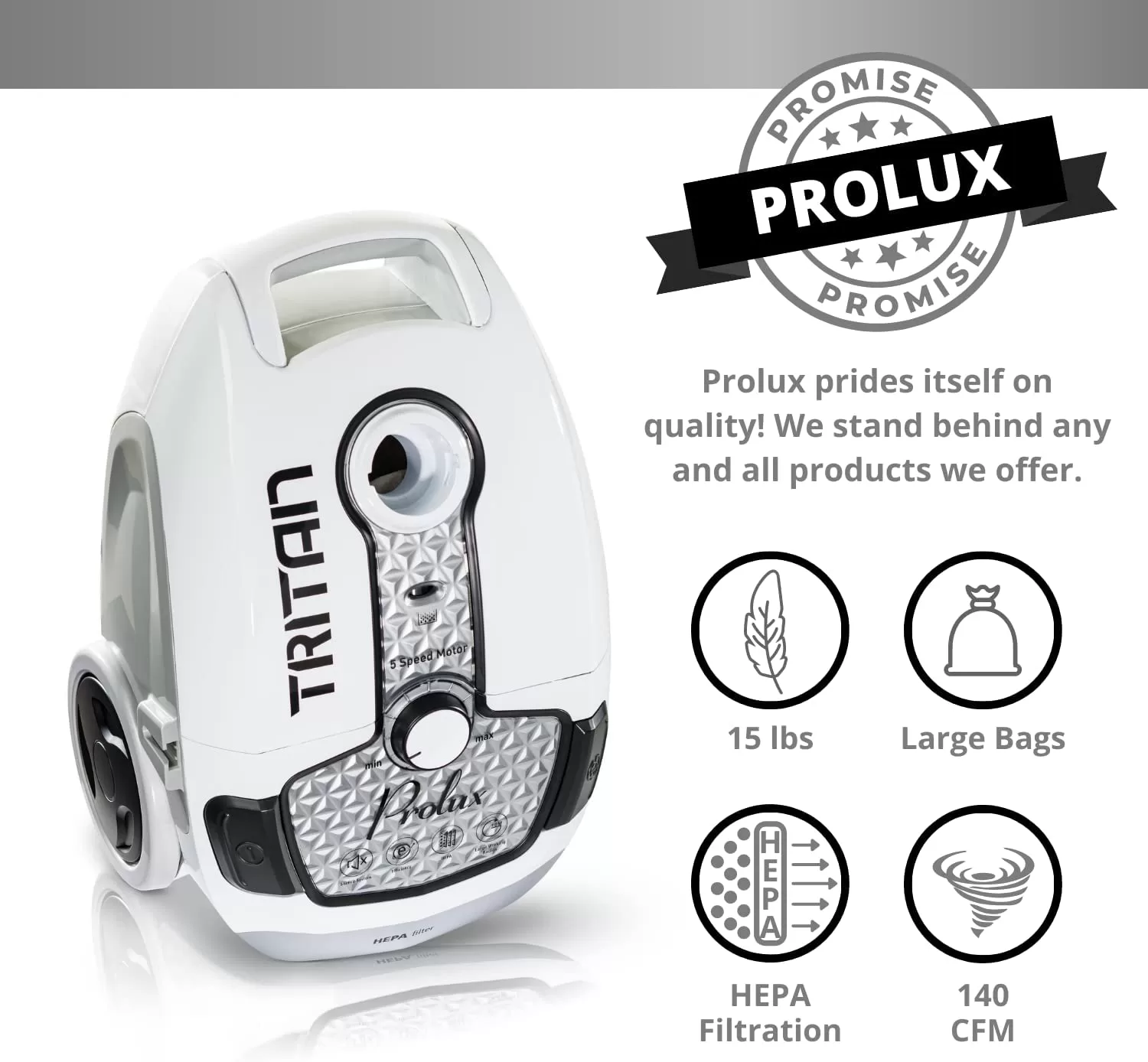 Prolux Tritan Bagged Canister Vacuum Cleaner with HEPA Filtration and Complete Home Care Tool Kit, Tritan White - Image 3