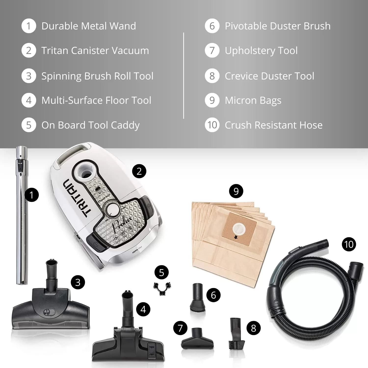 Prolux Tritan Bagged Canister Vacuum Cleaner with HEPA Filtration and Complete Home Care Tool Kit, Tritan White - Image 5