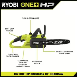 RYOBI P2520 ONE+ HP 18V Brushless 10 in. Cordless Battery Chainsaw, Battery and Charger