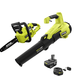 RYOBI P2520-BLW ONE+ HP 18V Brushless 10 in. Cordless Battery Chainsaw and 110 MPH 350 CFM Leaf Blower with 4.0 Ah Battery and Charger