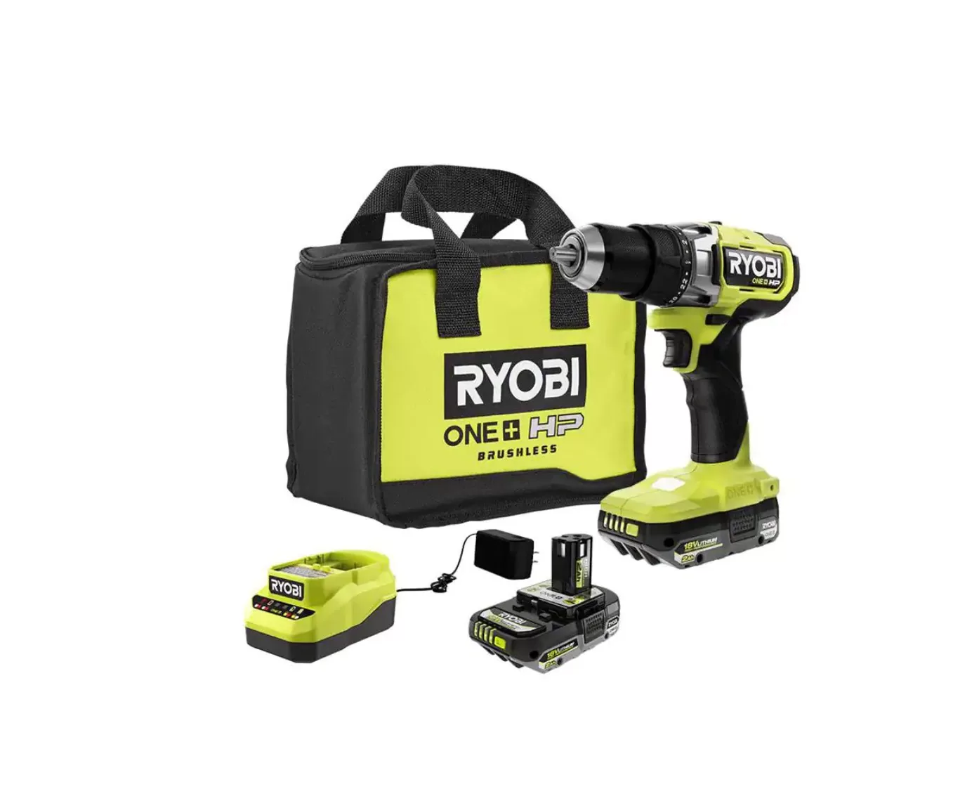 RYOBI PBLDD01K ONE+ HP 18V Brushless Cordless 1/2 in. Drill/Driver Kit with (2) 2.0 Ah HIGH PERFORMANCE Batteries, Charger, and Bag