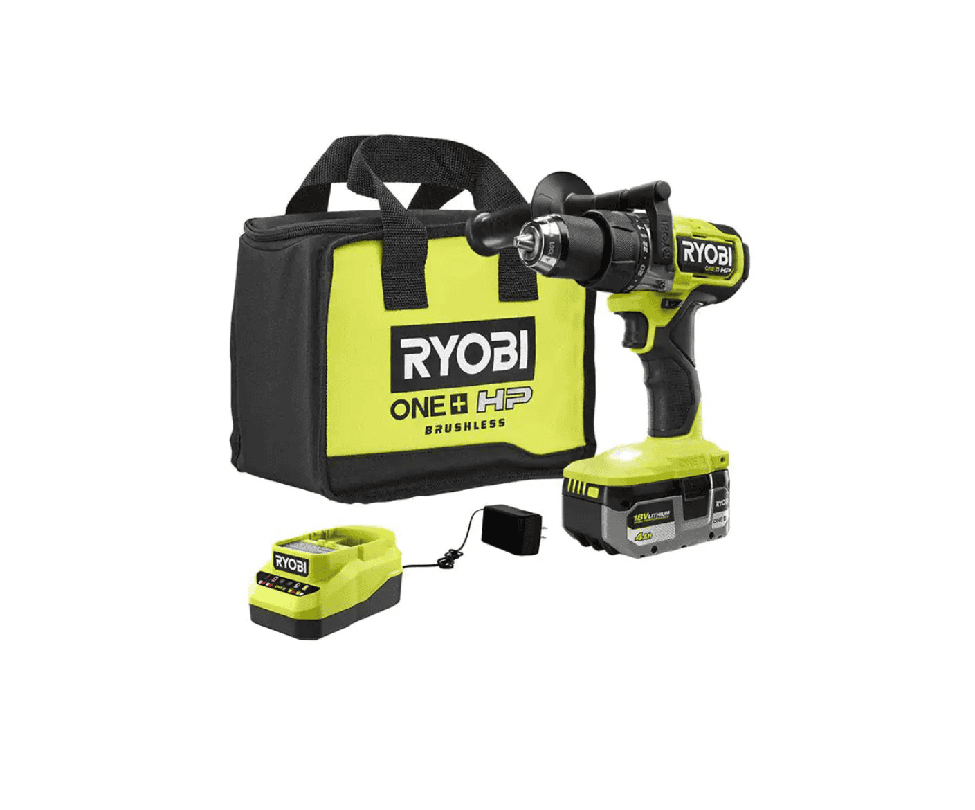 RYOBI PBLHM101K ONE+ HP 18V Brushless Cordless 1/2 in. Hammer Drill Kit with (1) 4.0 Ah High Performance Battery, Charger, and Tool Bag