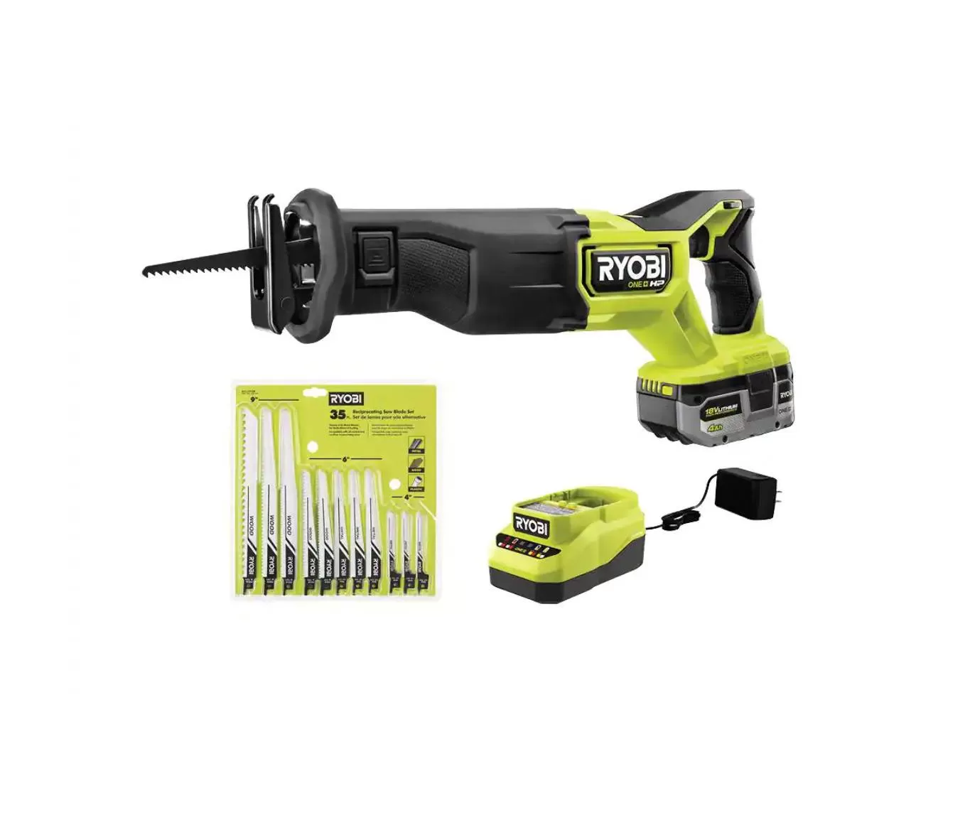 RYOBI PBLRS01K1-A233501 ONE+ HP 18V Brushless Cordless Reciprocating Saw Kit with 4.0Ah Battery, Charger & Reciprocating Saw Blade Set (35Piece)