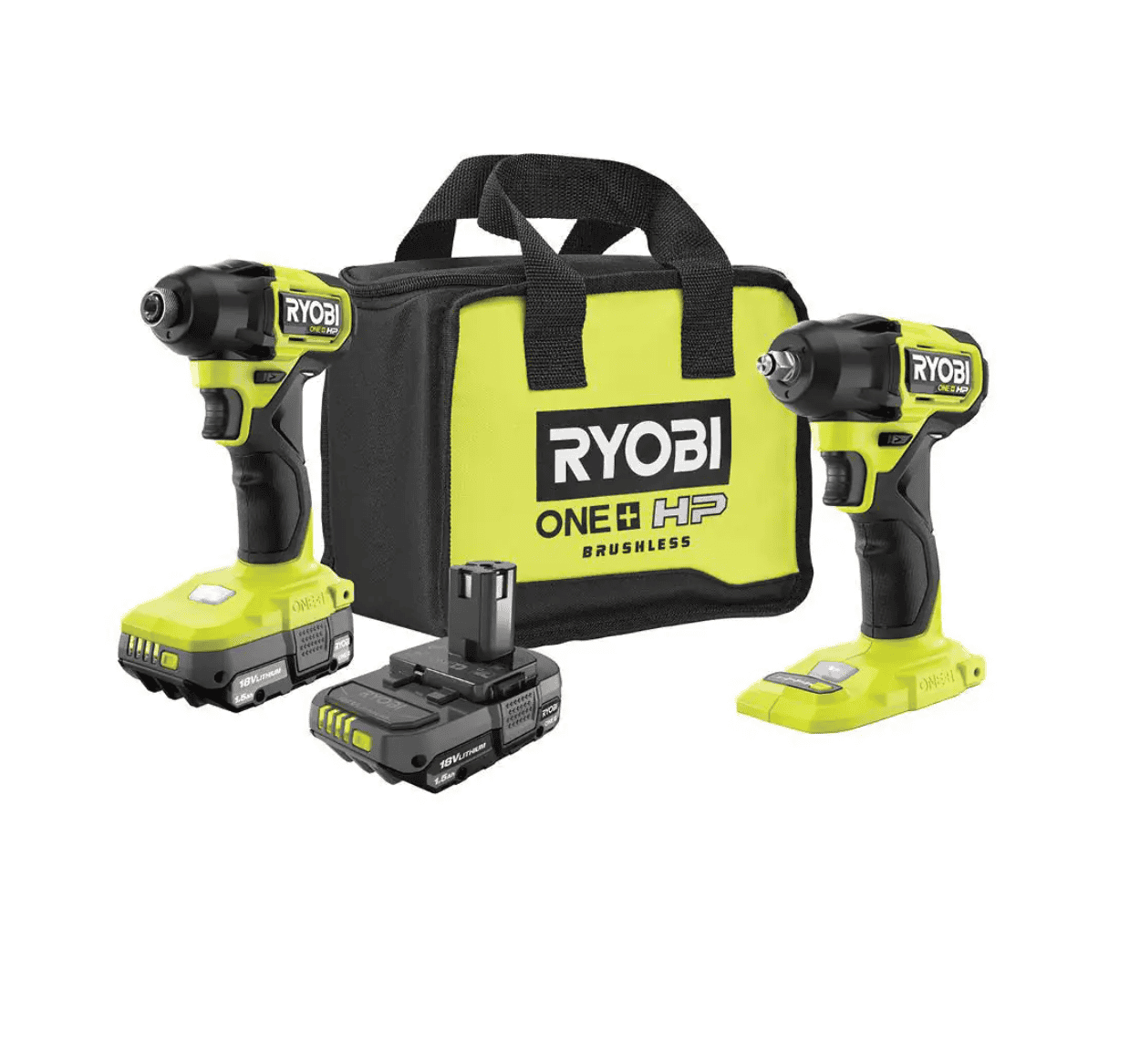 RYOBI PSBID01K-PSBIW01B ONE+ HP 18V Brushless Cordless Compact 1/4 in. Impact Driver, 3/8 in. Impact Wrench, (2) Batteries, Charger, and Bag