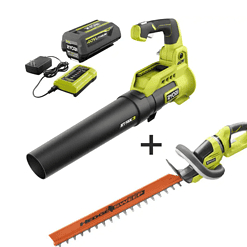 RYOBI RY40480VNM-HDG 40V 110 MPH 525 CFM Cordless Variable-Speed Jet Fan Leaf Blower & 24 in. Hedge Trimmer with 4.0 Ah Battery & Charger