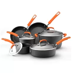 Rachael Ray 87375 Brights Hard-Anodized Nonstick Cookware Set, 10-Piece, Gray with Orange Handles