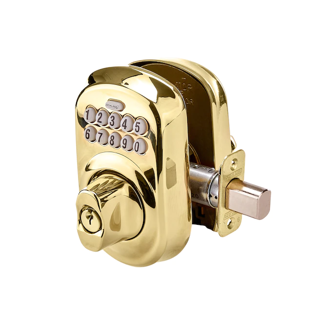 Schlage Keypad Plymouth Bright Brass Single Cylinder Electronic Deadbolt Lighted Keypad - Image 5