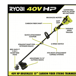 RYOBI RY40209BTLVNM 40V HP Brushless 15 in. Cordless Carbon Fiber Shaft Attachment Capable String Trimmer (Tool Only)