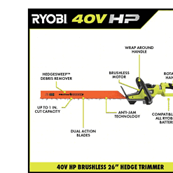 RYOBI RY40640VNM 40V HP Brushless 26 in. Cordless Battery Hedge Trimmer with 2.0 Ah Battery and Charger