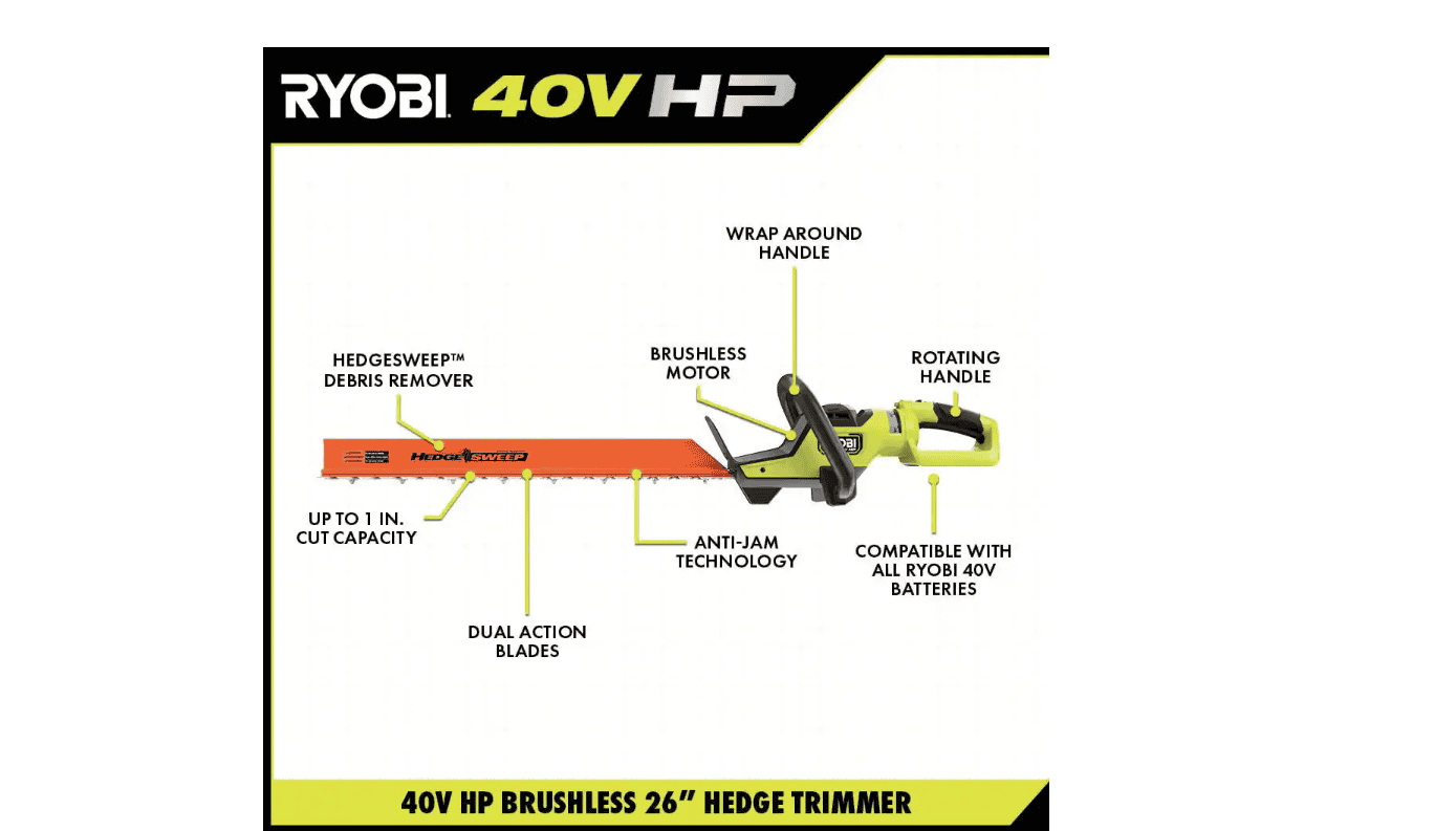 RYOBI RY40604BTLVNM 40V HP Brushless 26 in. Cordless Battery Hedge Trimmer (Tool Only)