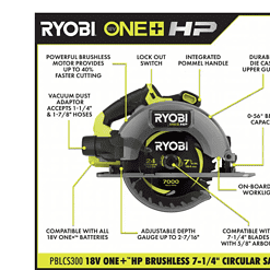 RYOBI PBLCS300K1 ONE+ HP 18V Brushless Cordless 7-1/4 in. Circular Saw Kit with 4.0 Ah HIGH PERFORMANCE Battery and Charger