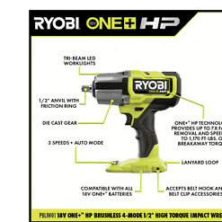 RYOBI PBLIW01K1 ONE+ 18V Brushless Cordless 4-Mode 1/2 in. Impact Wrench Kit with 4.0 Battery and Charger