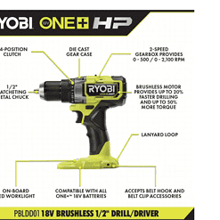 RYOBI PBLCK01K ONE+ HP 18V Brushless Cordless 1/2 in. Drill/Driver and Impact Driver Kit w/(2) 2.0 Ah Batteries, Charger, and Bag