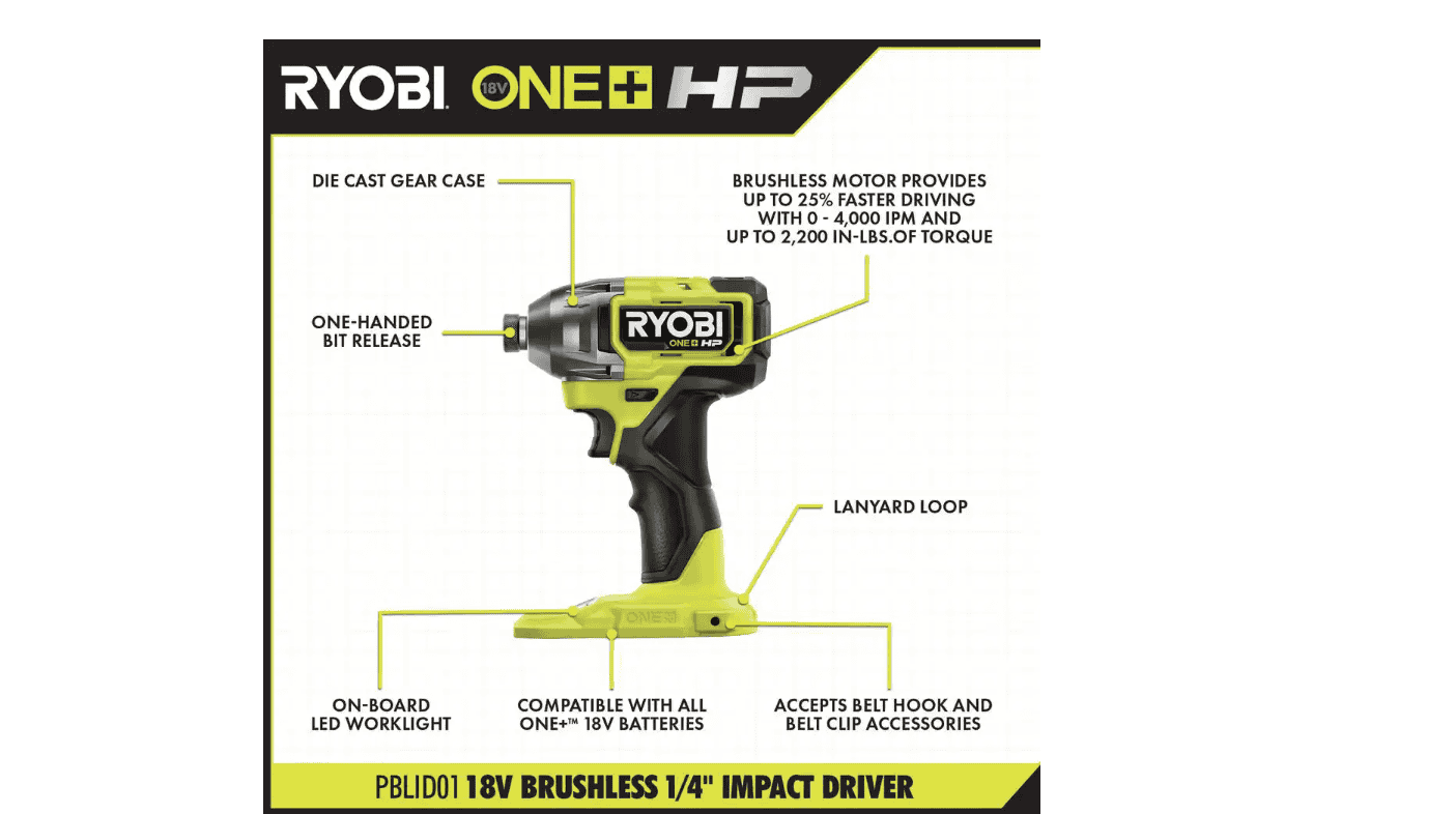 RYOBI PBLCK01K ONE+ HP 18V Brushless Cordless 1/2 in. Drill/Driver and Impact Driver Kit w/(2) 2.0 Ah Batteries, Charger, and Bag