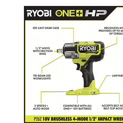RYOBI P262K1 ONE+ HP 18V Brushless Cordless 4-Mode 1/2 in. Impact Wrench Kit w/ 4.0 Ah HIGH PERFORMANCE Lithium-Ion Battery & Charger