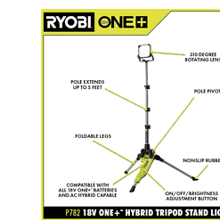 RYOBI P782 ONE+ 18V Cordless Hybrid LED Tripod Stand Light (Tool Only)
