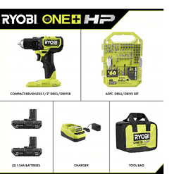 RYOBI PSBDD01K-A98401 ONE+ HP 18V Brushless Cordless Compact 1/2 in. Drill/Driver Kit with (2) 1.5 Ah Batteries, Charger, Bag, & 65PC Bit Set