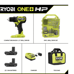 RYOBI PSBDD01K-A989504 ONE+ HP 18V Brushless Cordless Compact 1/2 in. Drill/Driver Kit with (2) 1.5 Ah Batteries, Charger, Bag, & 95PC Bit Set