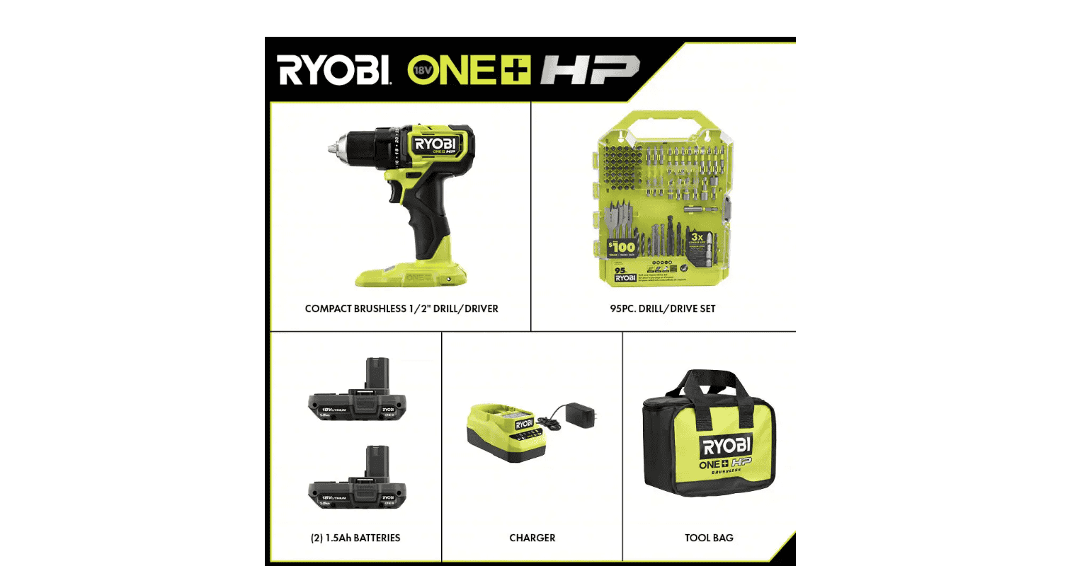 RYOBI PSBDD01K-A989504 ONE+ HP 18V Brushless Cordless Compact 1/2 in. Drill/Driver Kit with (2) 1.5 Ah Batteries, Charger, Bag, & 95PC Bit Set