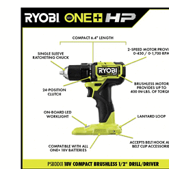 RYOBI PSBDD01K-A989504 ONE+ HP 18V Brushless Cordless Compact 1/2 in. Drill/Driver Kit with (2) 1.5 Ah Batteries, Charger, Bag, & 95PC Bit Set