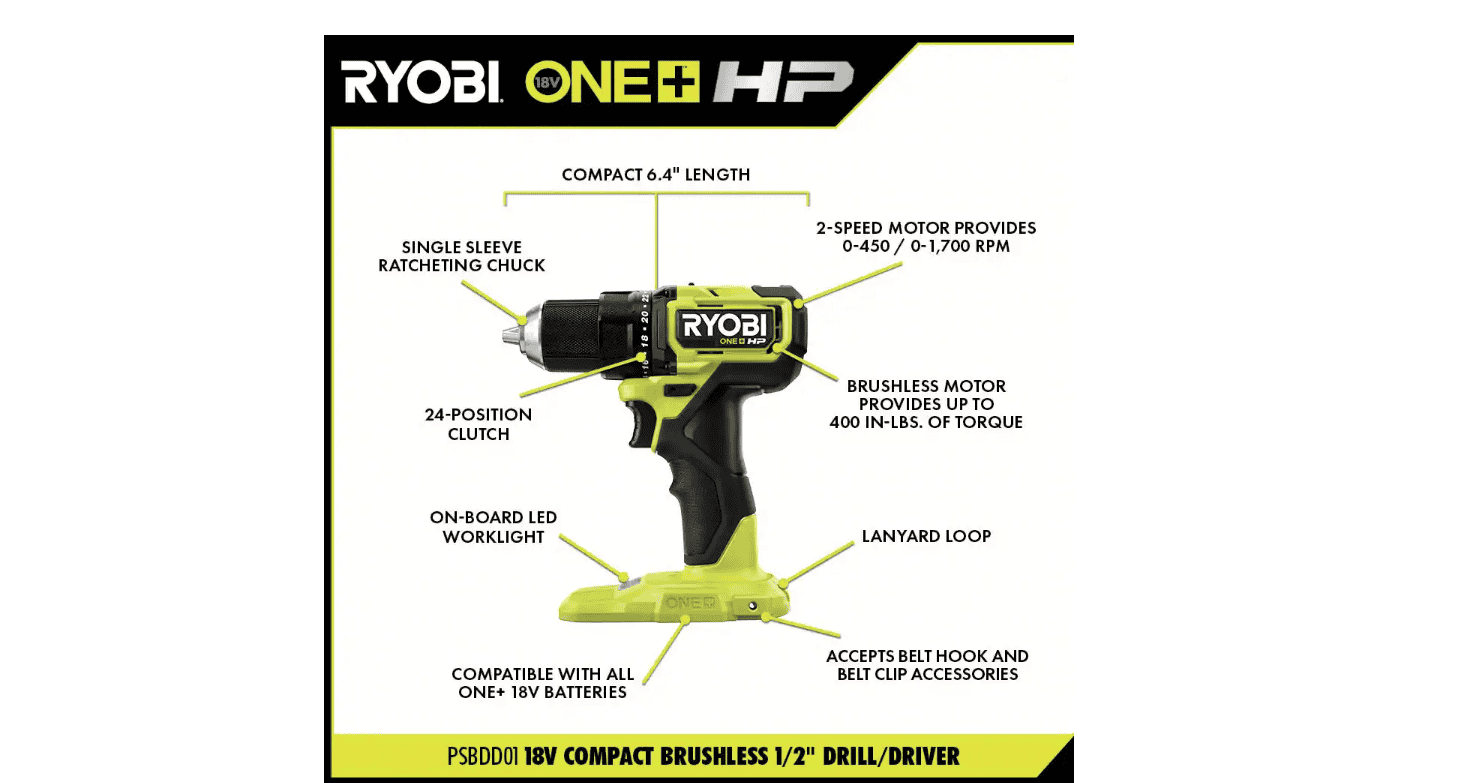 RYOBI PSBDD01K-A989504 ONE+ HP 18V Brushless Cordless Compact 1/2 in. Drill/Driver Kit with (2) 1.5 Ah Batteries, Charger, Bag, & 95PC Bit Set