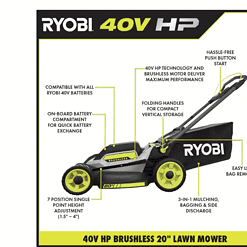 RYOBI RY401170VNM 40V HP Brushless 20 in. Cordless Battery Walk Behind Push Mower with 6.0 Ah Battery and Charger