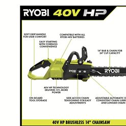 RYOBI RY405100 40V HP Brushless 14 in. Electric Cordless Chainsaw with 4.0 Ah Battery and Charger