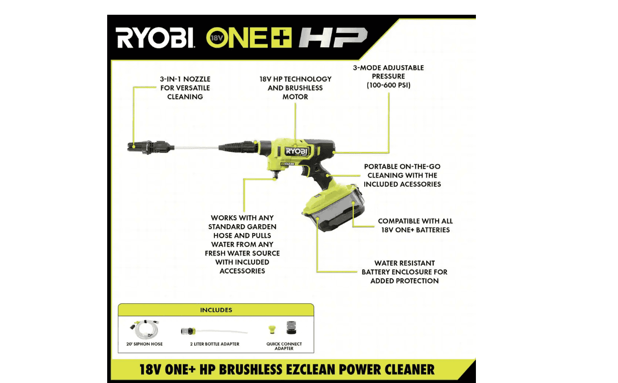RYOBI RY121852KVNM ONE+ HP 18V Brushless EZClean 600 PSI 0.7 GPM Cordless Cold Water Power Cleaner with 4.0 Ah Battery and Charger