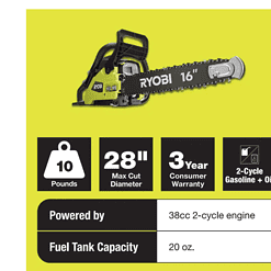RYOBI RY3716 16 in. 37cc 2-Cycle Gas Chainsaw with Heavy-Duty Case