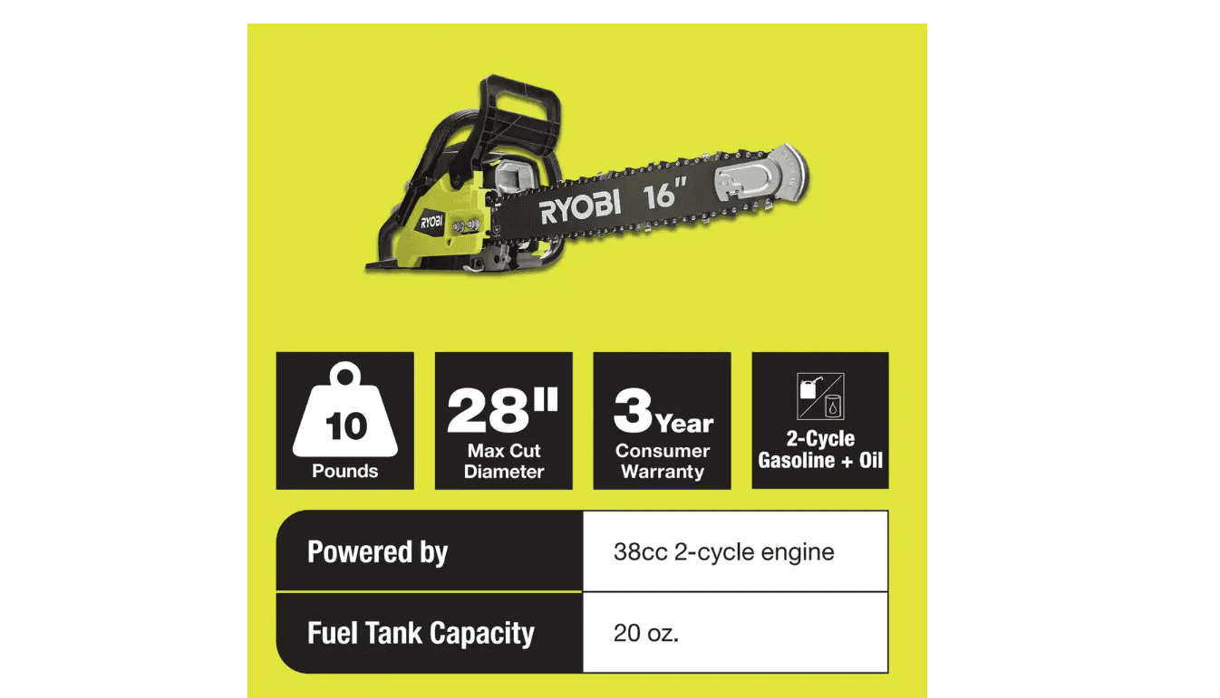 RYOBI RY3716 16 in. 37cc 2-Cycle Gas Chainsaw with Heavy-Duty Case