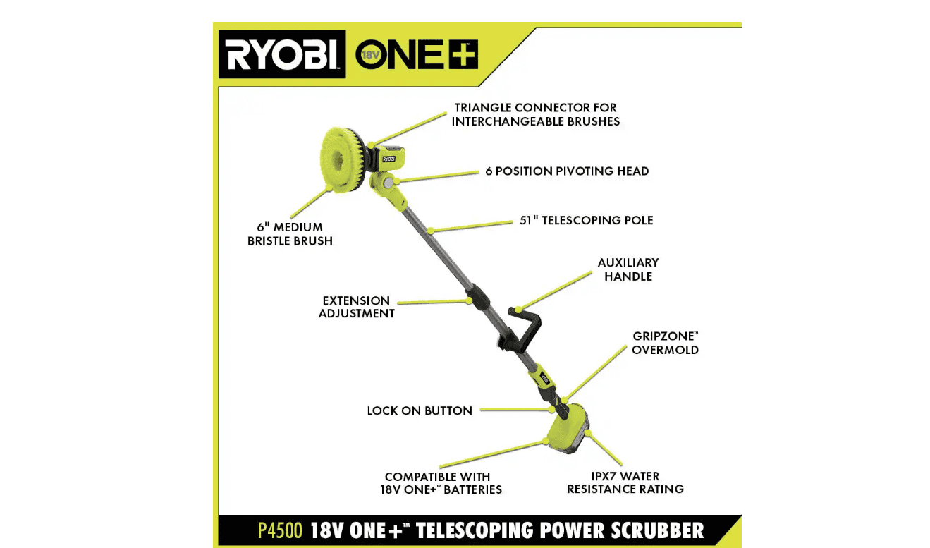 RYOBI P4500 ONE+ 18V Cordless Telescoping Power Scrubber (Tool Only)