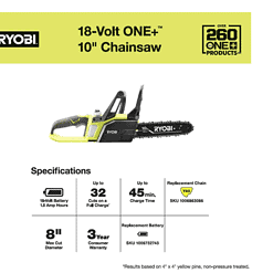 RYOBI P547 ONE+ 18V 10 in. Cordless Battery Chainsaw with 1.5 Ah Battery and Charger