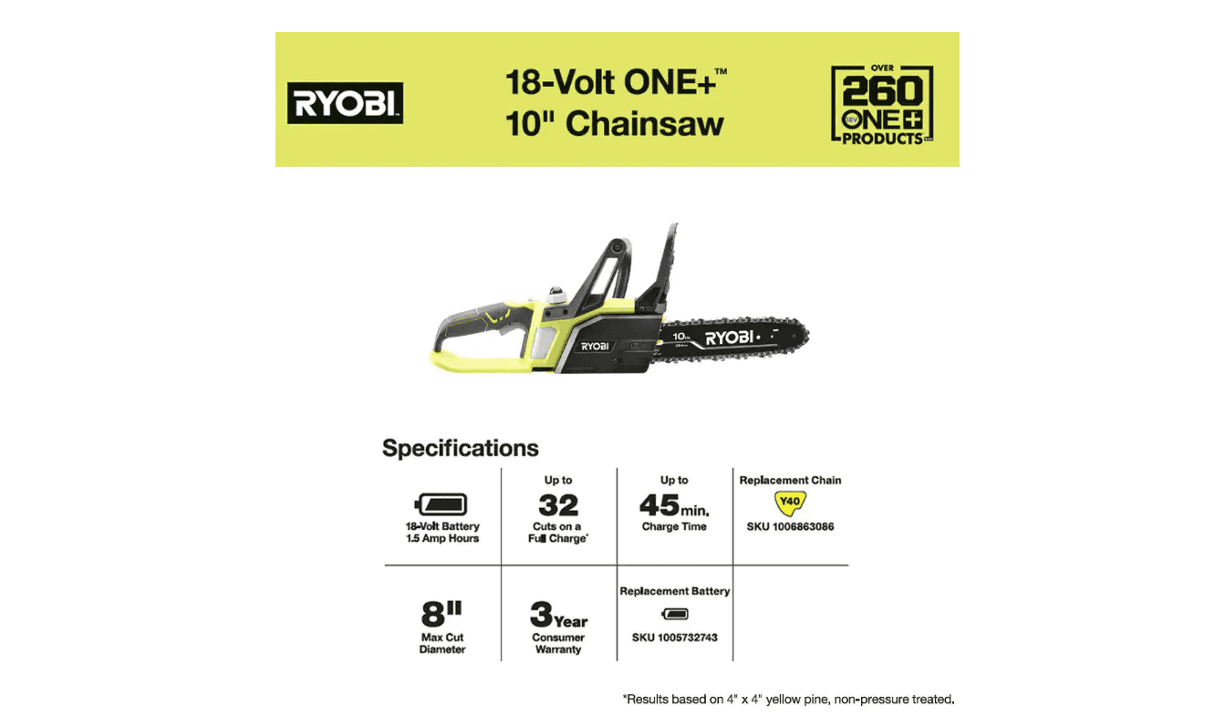 RYOBI P547 ONE+ 18V 10 in. Cordless Battery Chainsaw with 1.5 Ah Battery and Charger