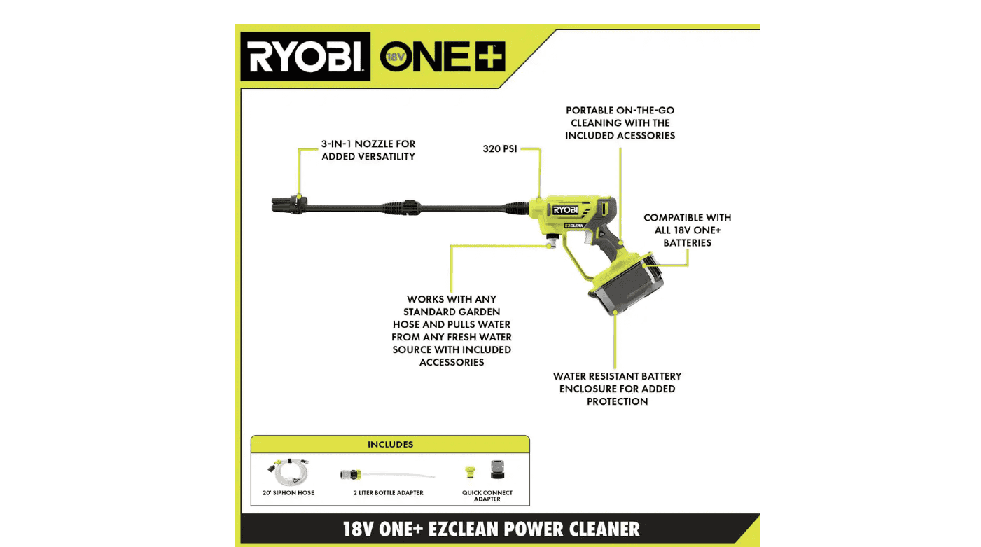 RYOBI RY120350 ONE+ 18V EZClean 320 PSI 0.8 GPM Cordless Cold Water Power Cleaner (Tool Only)